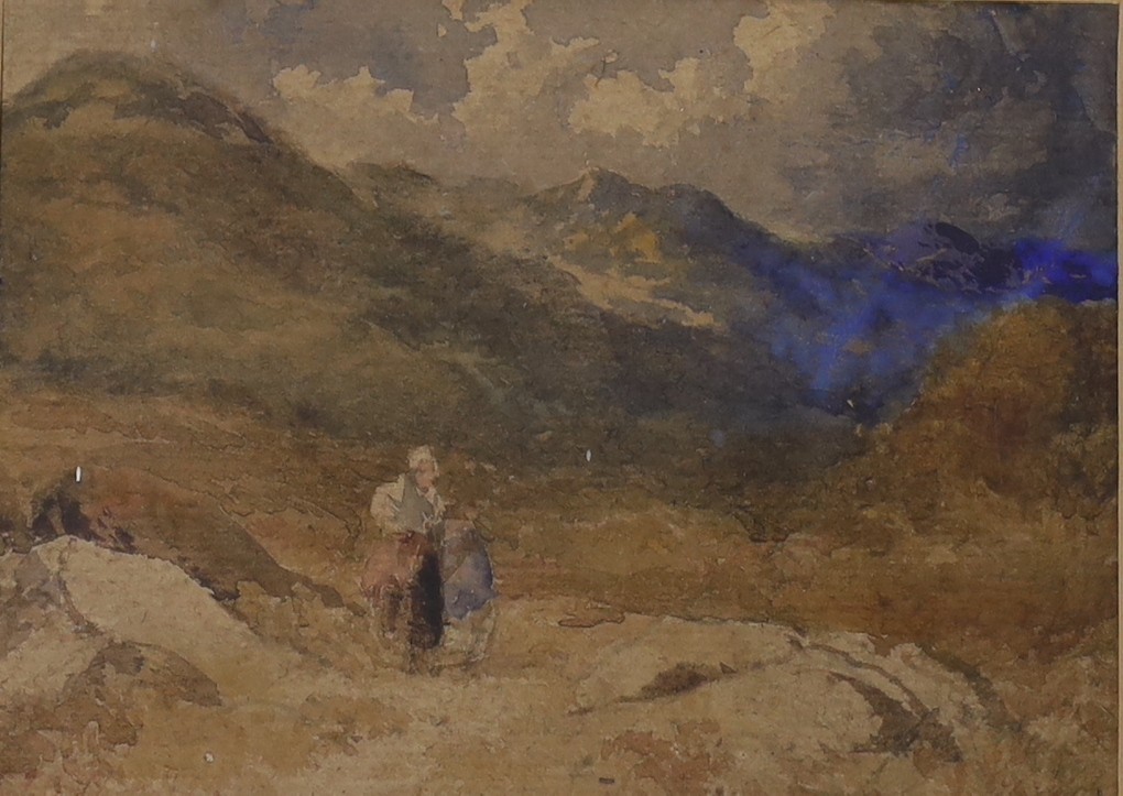 19th century English School, watercolour, Traveller in the Highlands, indistinctly signed, 13 x 18cm